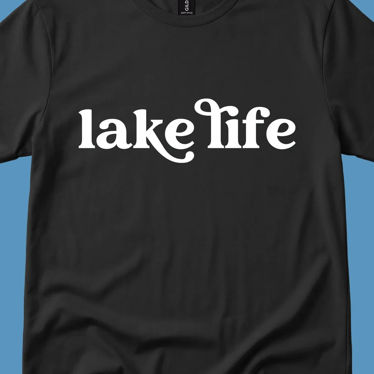 White lake life typography design on a black background.