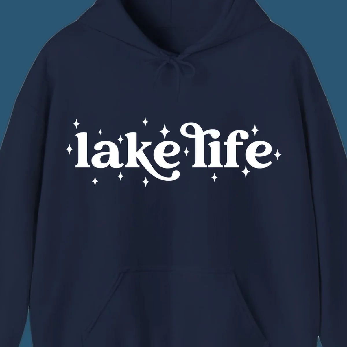 Lake life text with sparkles, white on black and navy on white.