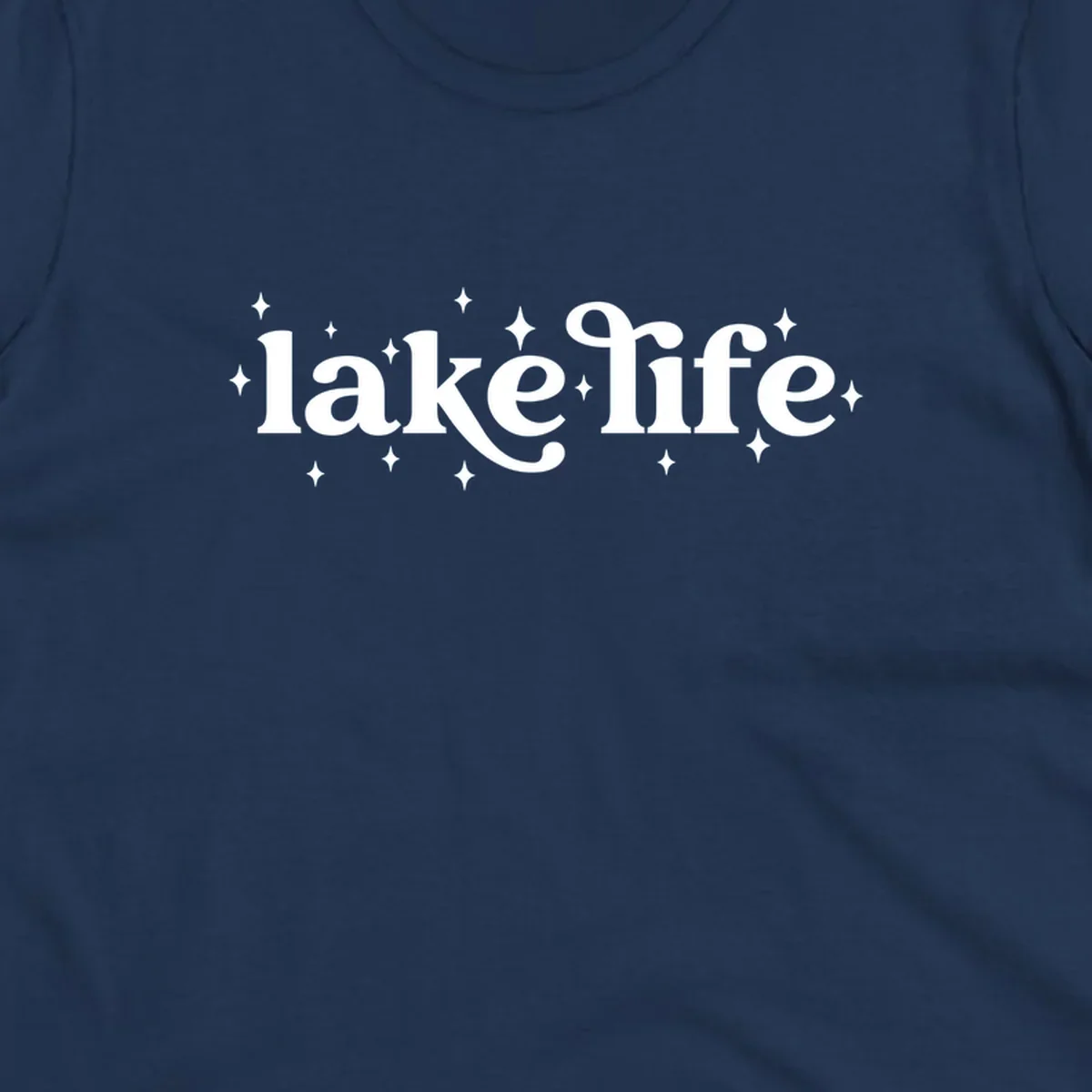 Lake life text with sparkles, white on black and navy on white.