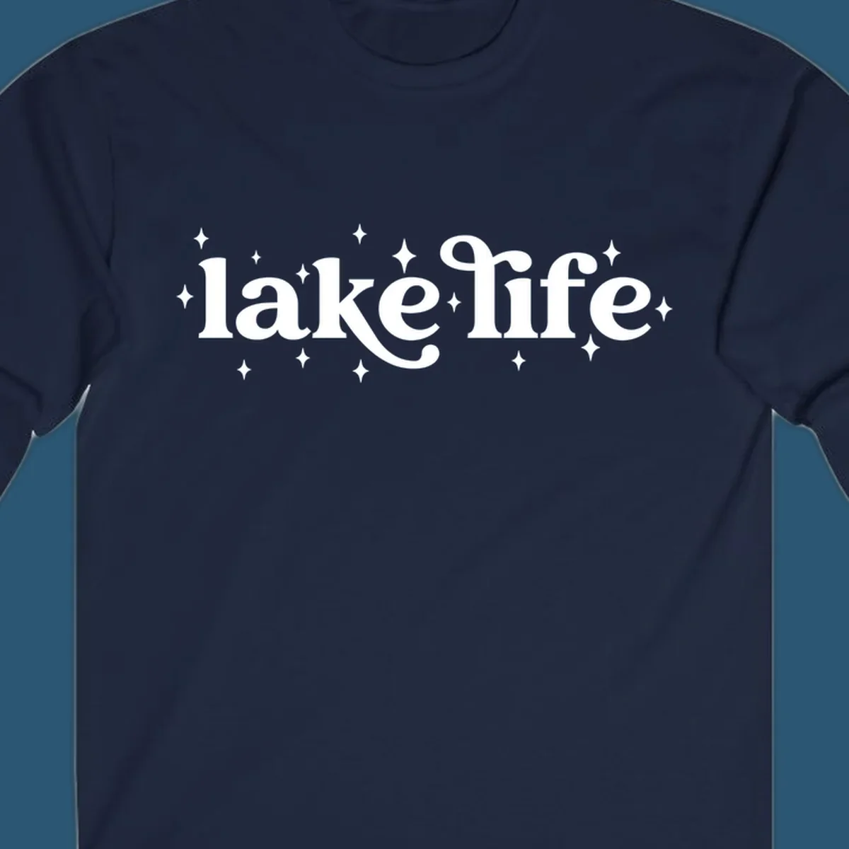 Lake life text with sparkles, white on black and navy on white.
