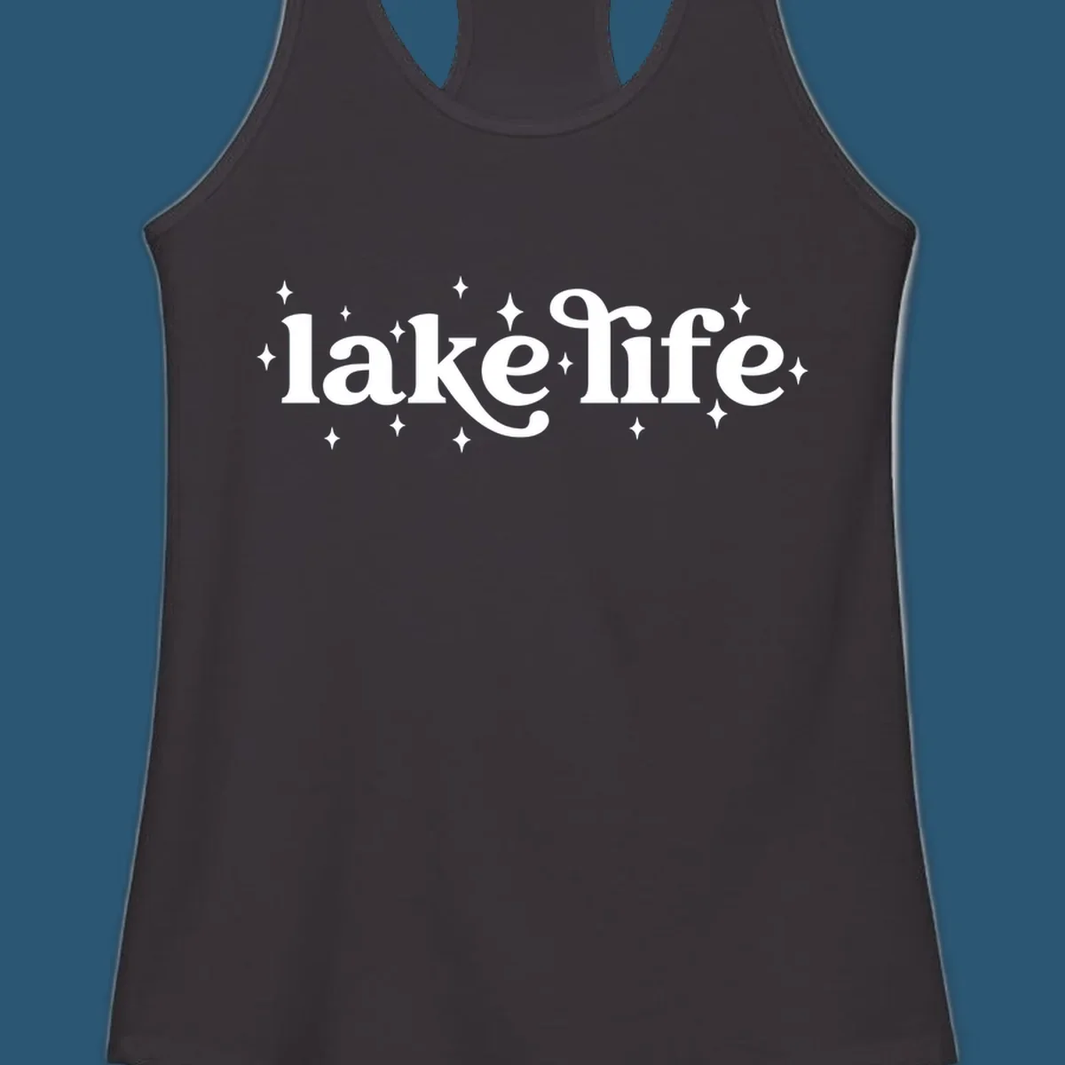 Lake life text with sparkles, white on black and navy on white.