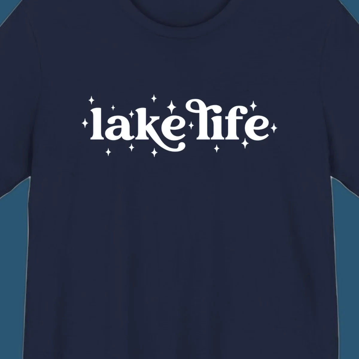 Lake life text with sparkles, white on black and navy on white.