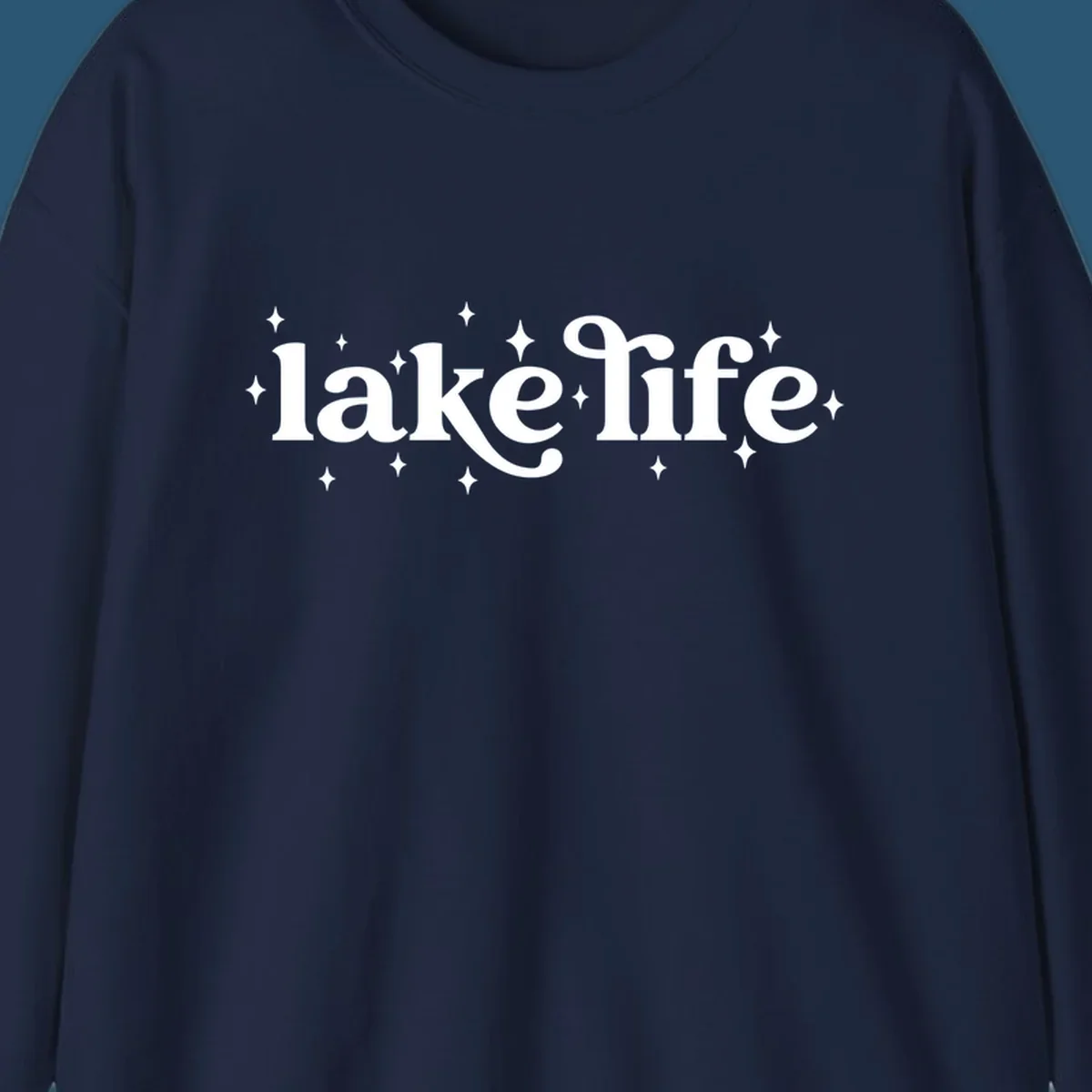 Lake life text with sparkles, white on black and navy on white.