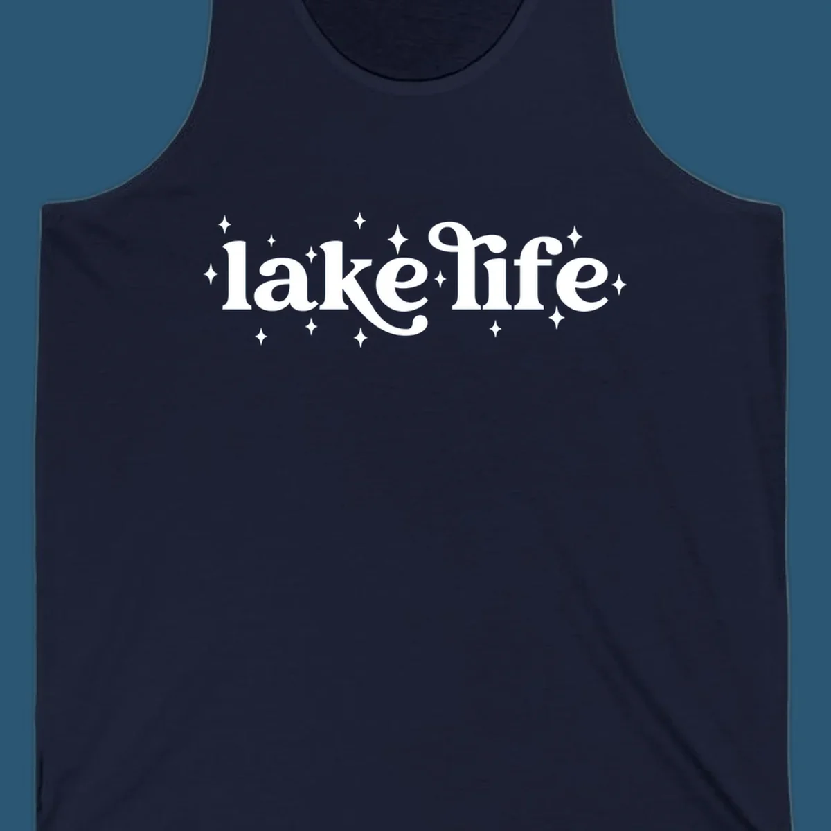 Lake life text with sparkles, white on black and navy on white.
