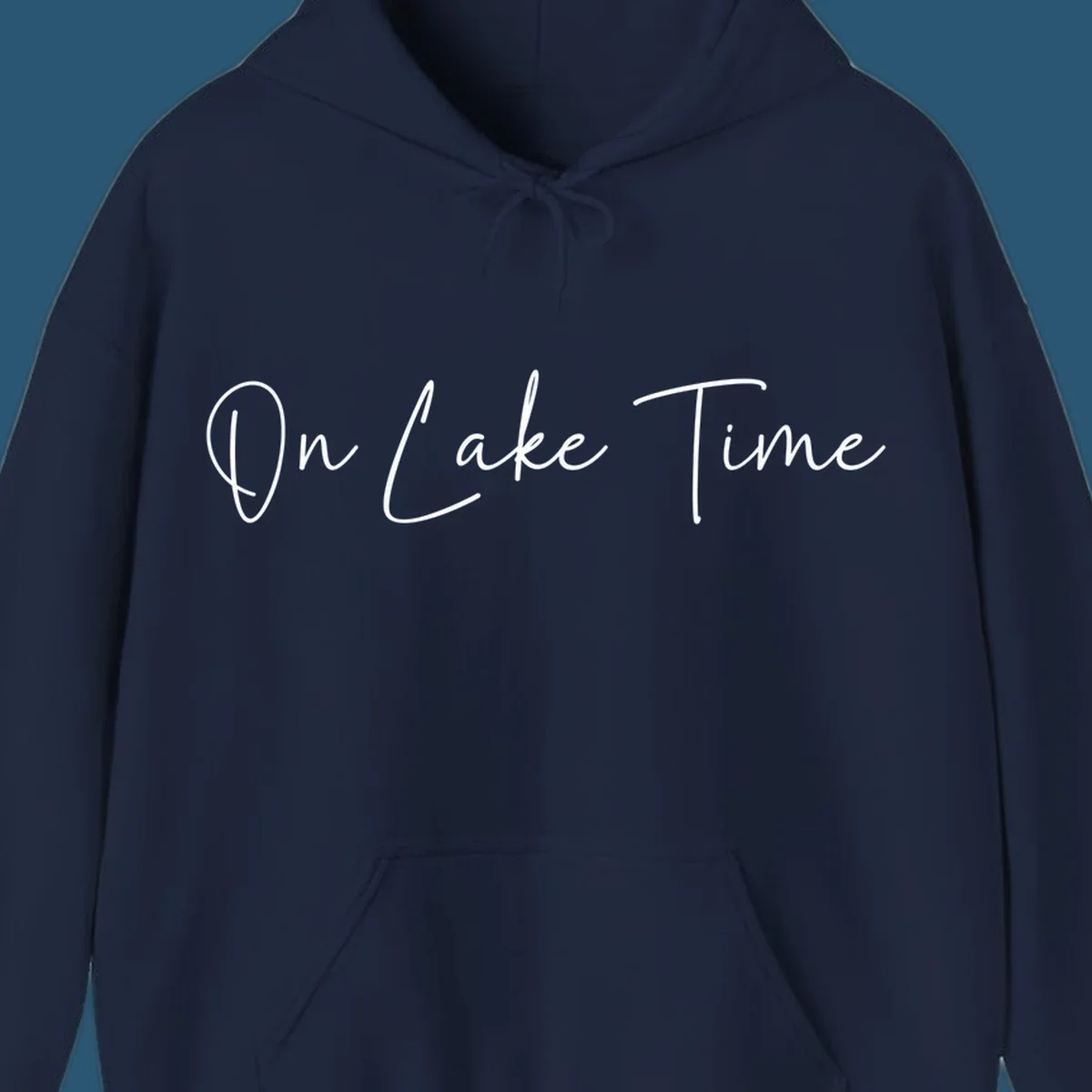 On Lake Time script text design in white and navy.