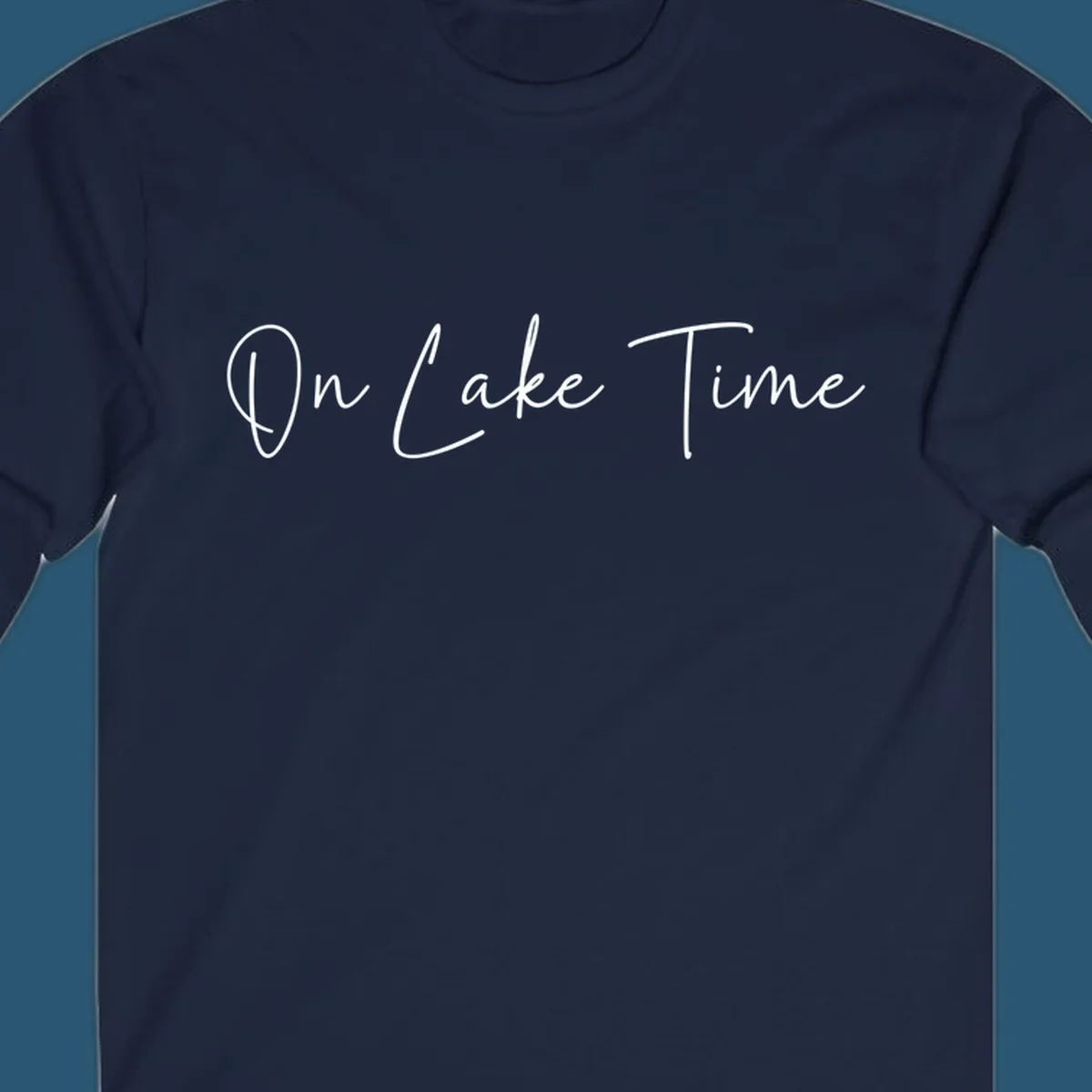 On Lake Time script text design in white and navy.