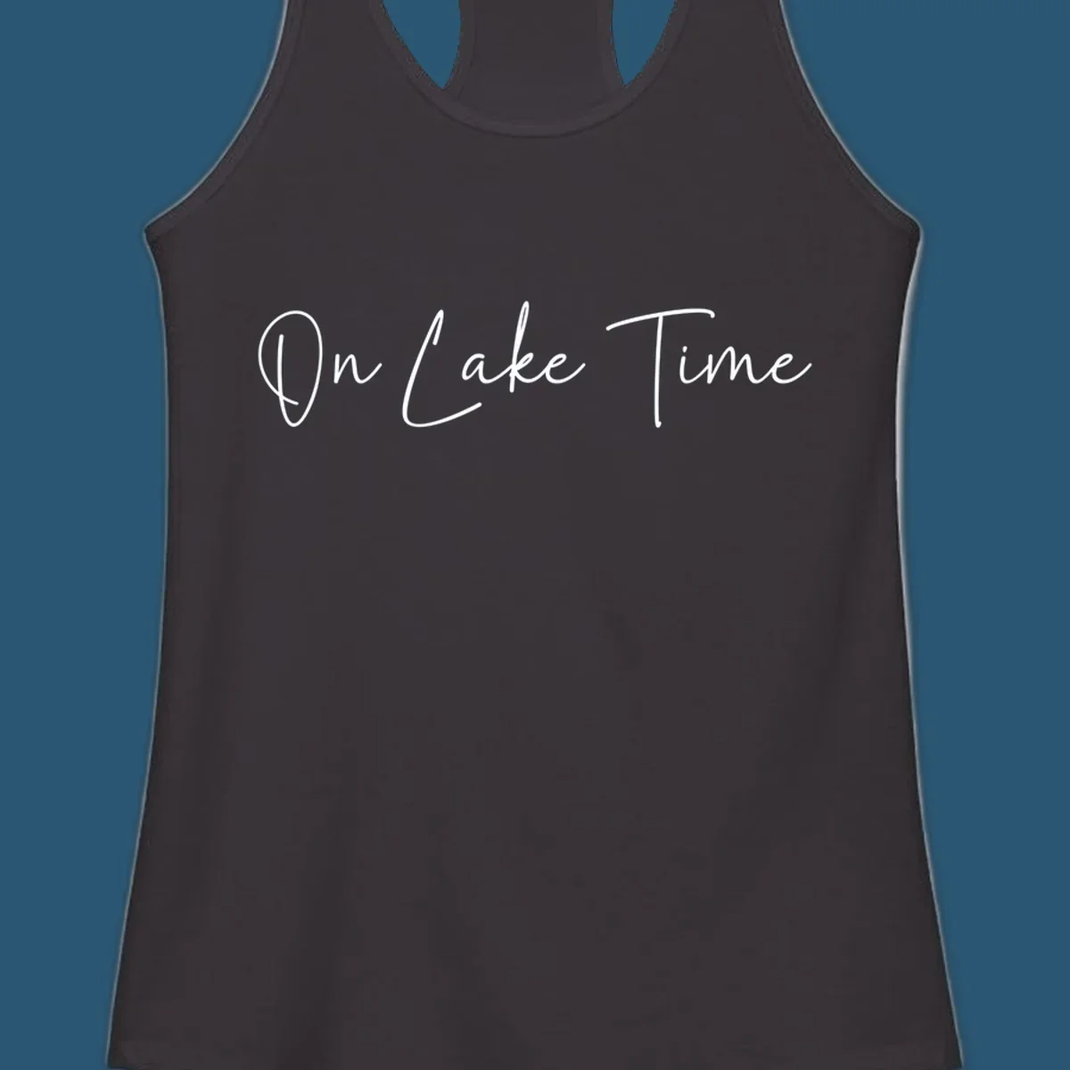 On Lake Time script text design in white and navy.