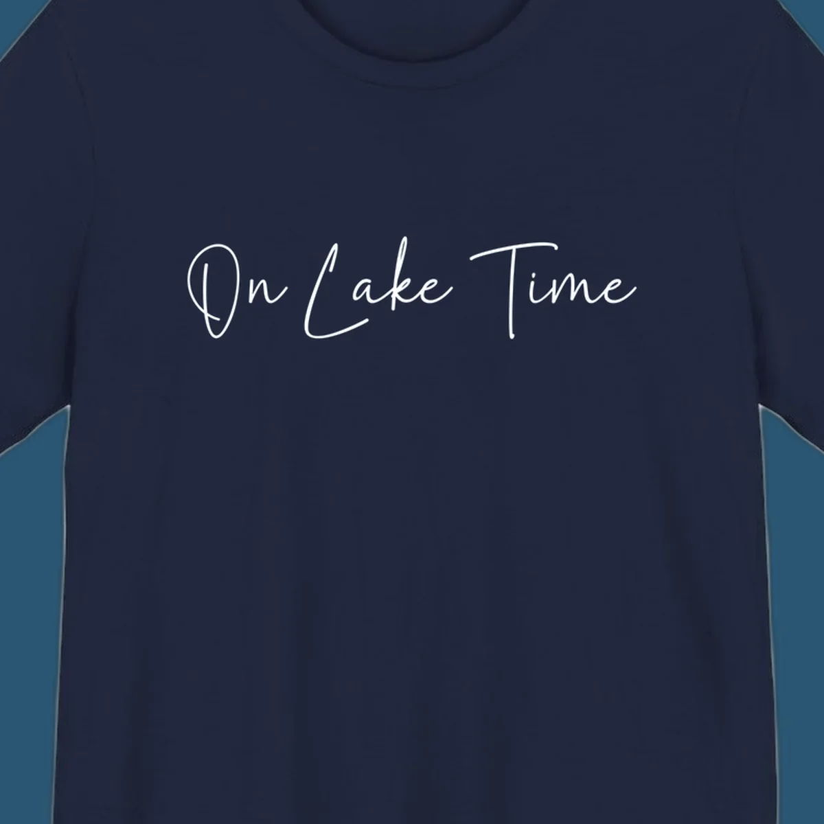 On Lake Time script text design in white and navy.