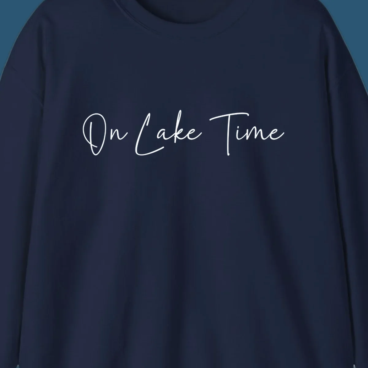 On Lake Time script text design in white and navy.