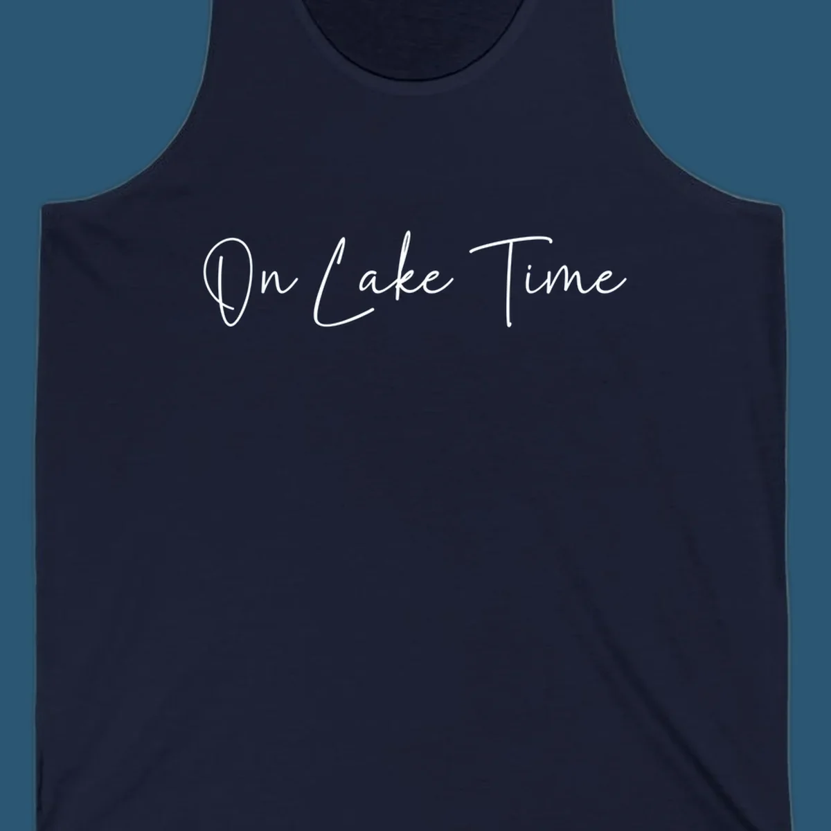 On Lake Time script text design in white and navy.