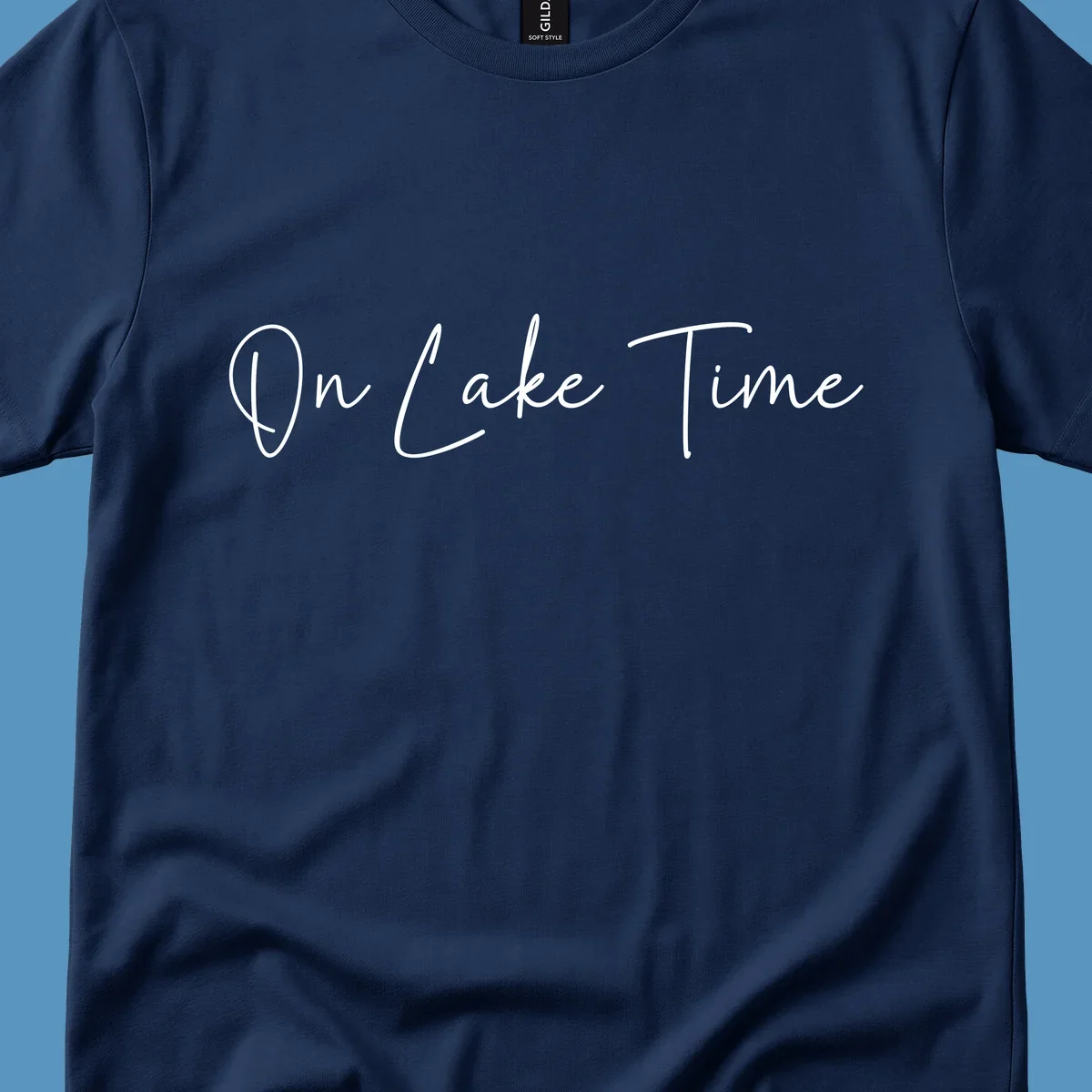 On Lake Time script text design in white and navy.