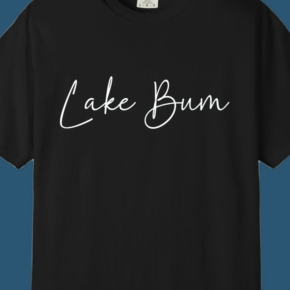 Lake Bum script logo in white on black and navy on white.
