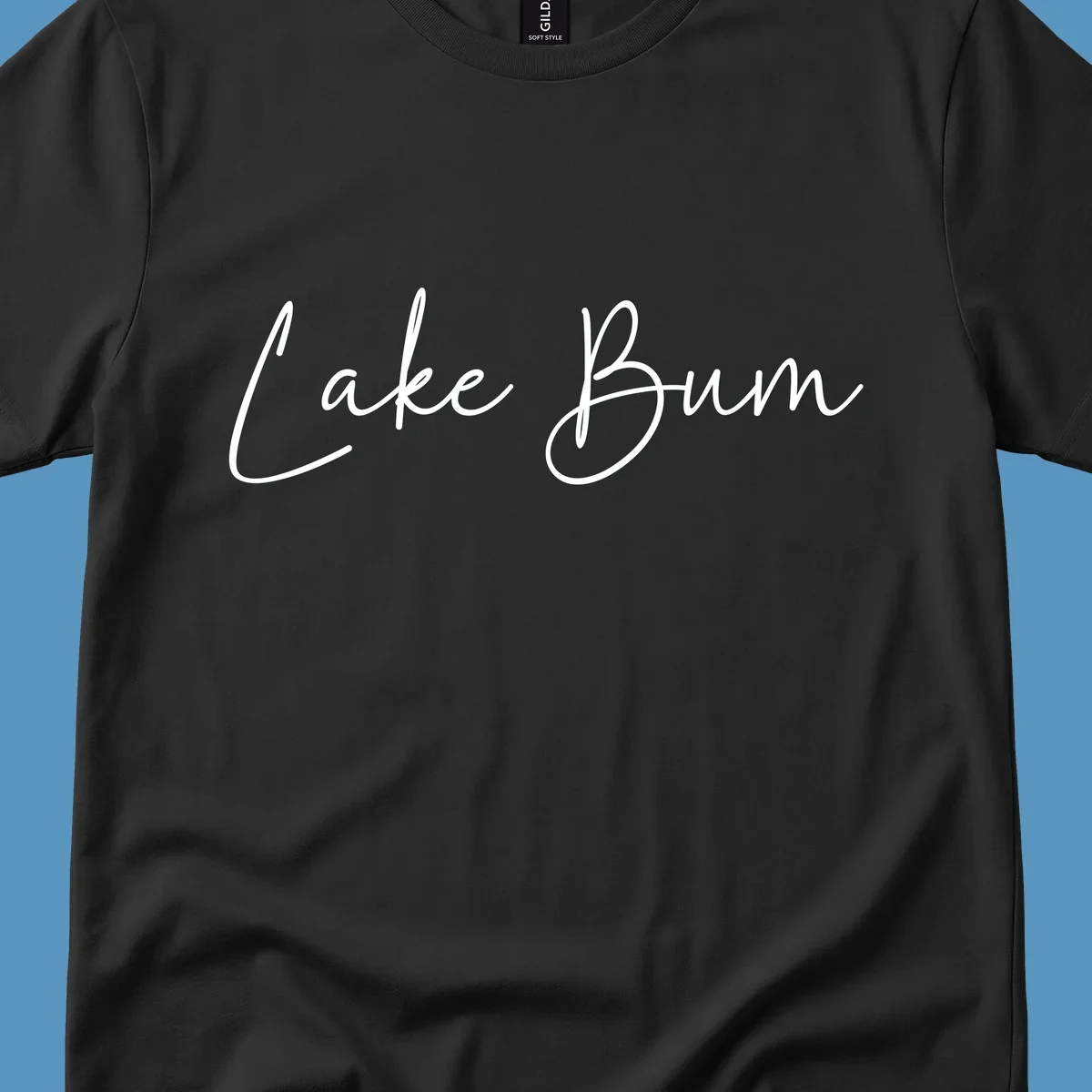 Lake Bum script logo in white on black and navy on white.