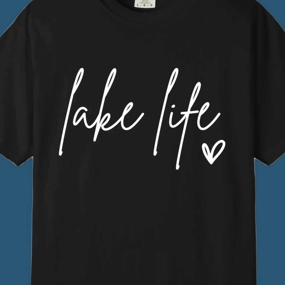 Lake life script text with a heart icon.