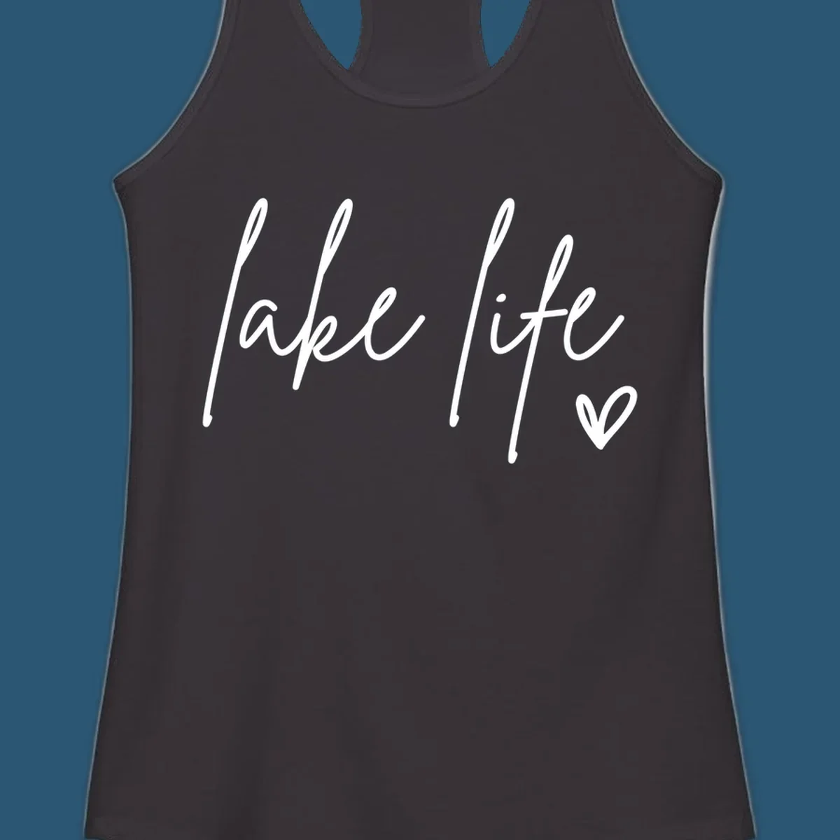 Lake life script text with a heart icon.