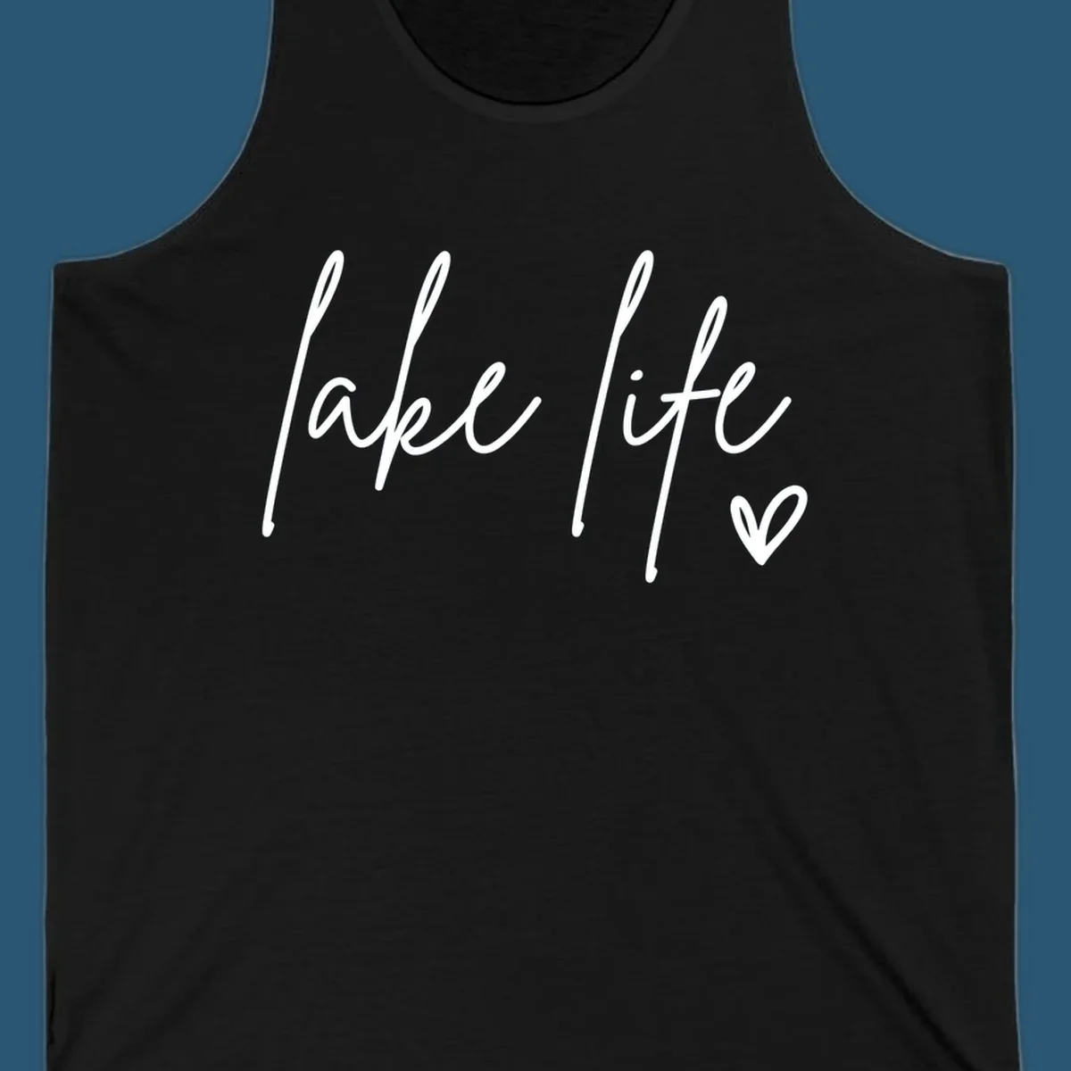 Lake life script text with a heart icon.