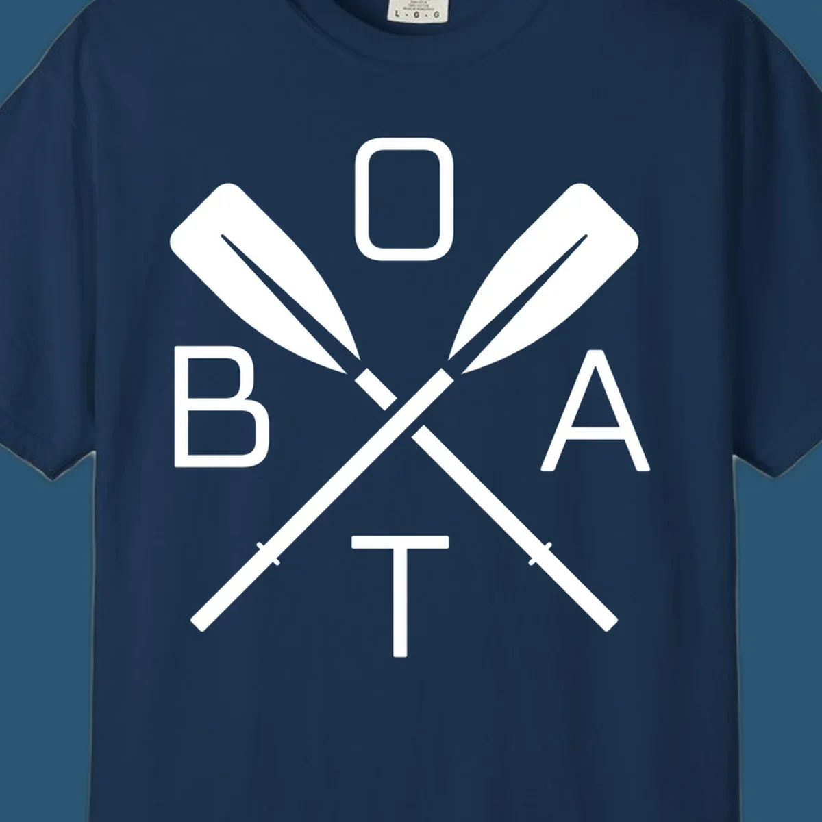 Boat oar design with letters B O A T arranged around crossed oars.