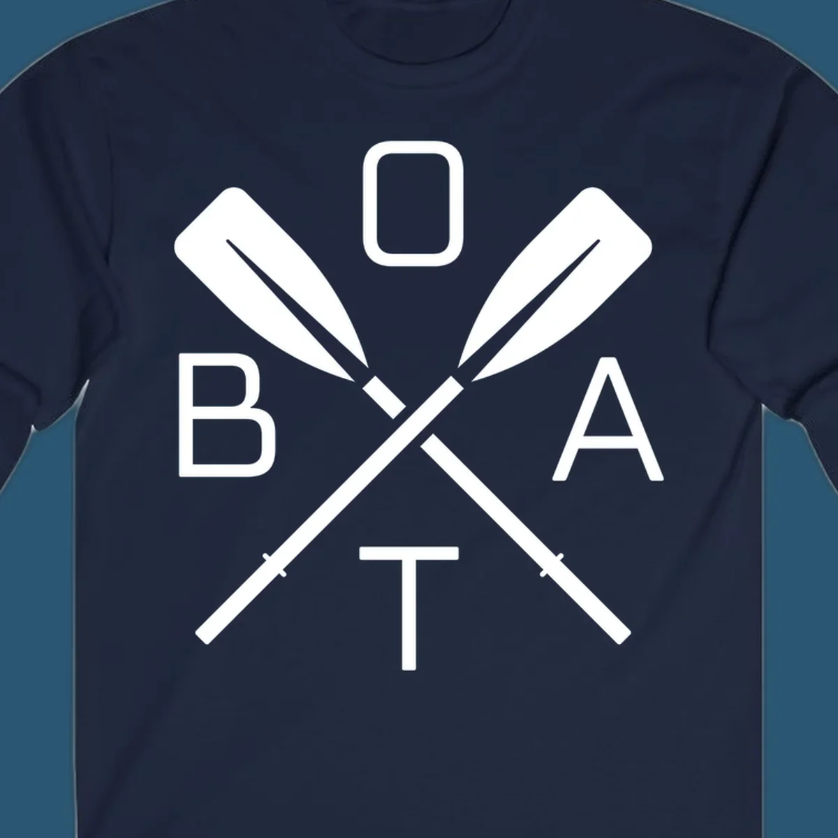 Boat oar design with letters B O A T arranged around crossed oars.