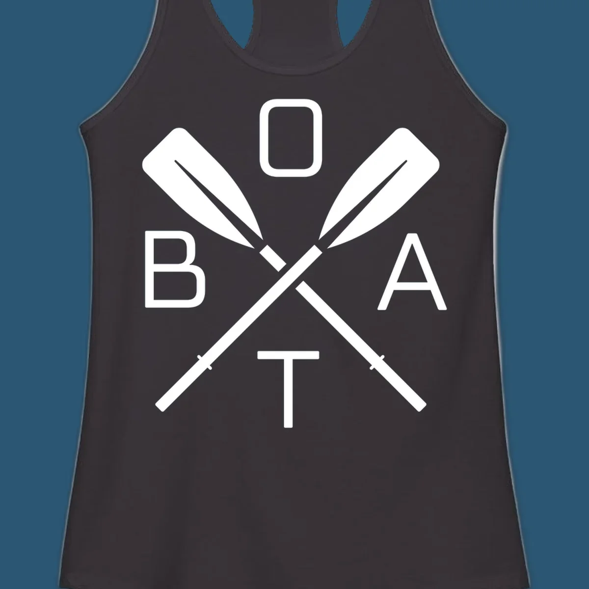 Boat oar design with letters B O A T arranged around crossed oars.