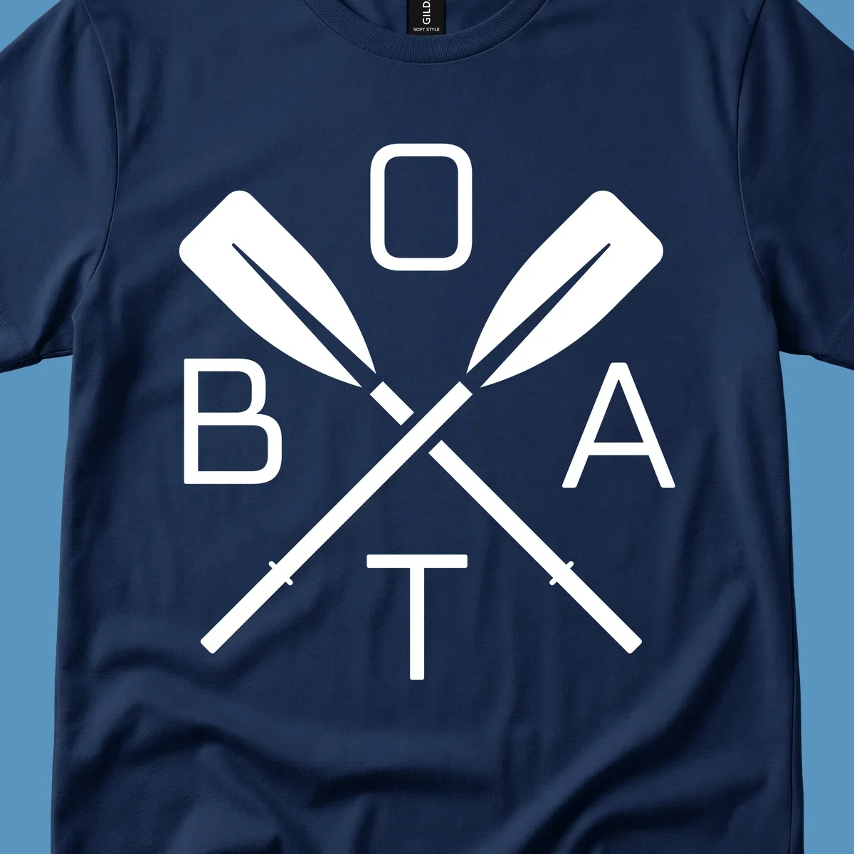 Boat oar design with letters B O A T arranged around crossed oars.