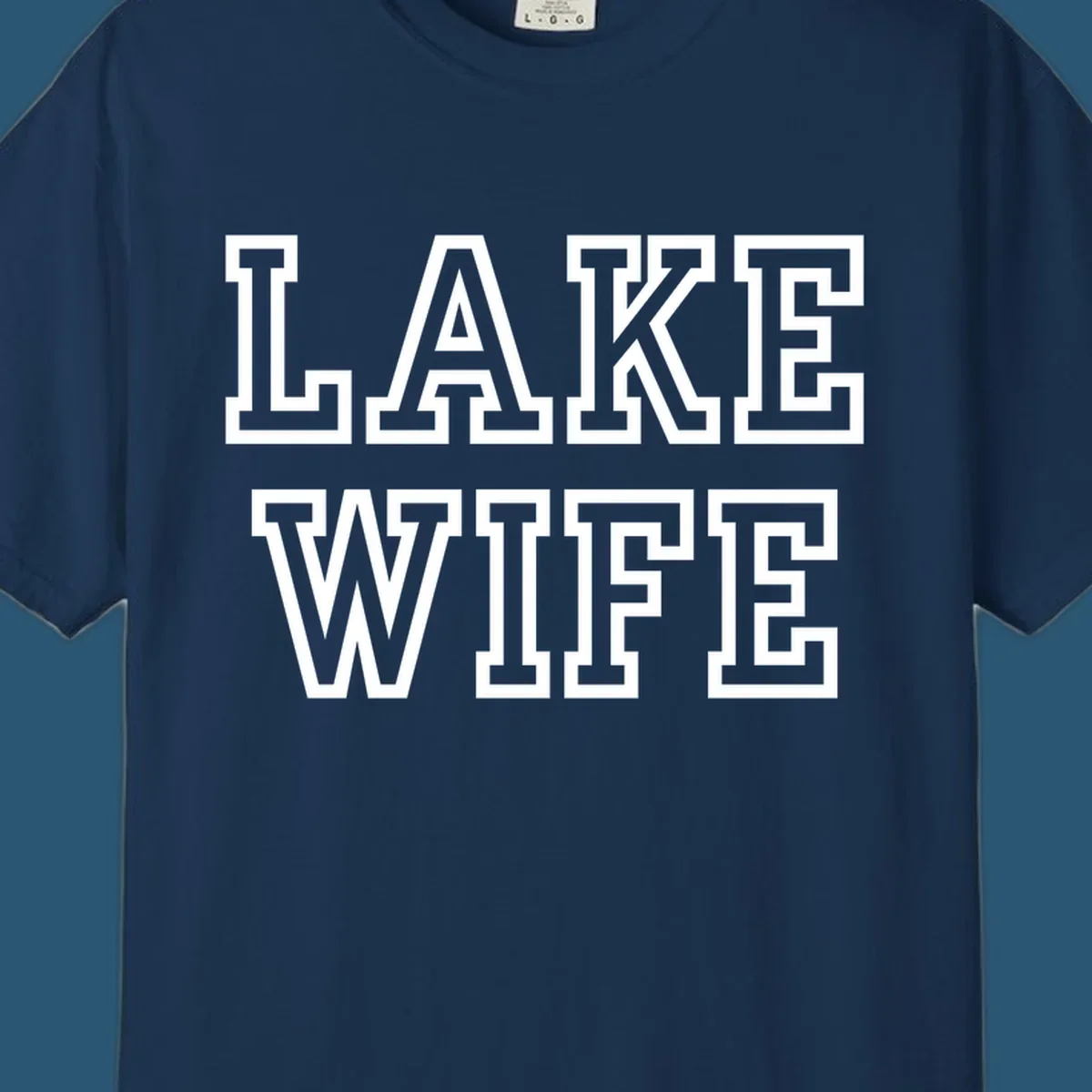 Lake Wife text in collegiate font, navy and white colors, on dark and light backgrounds.