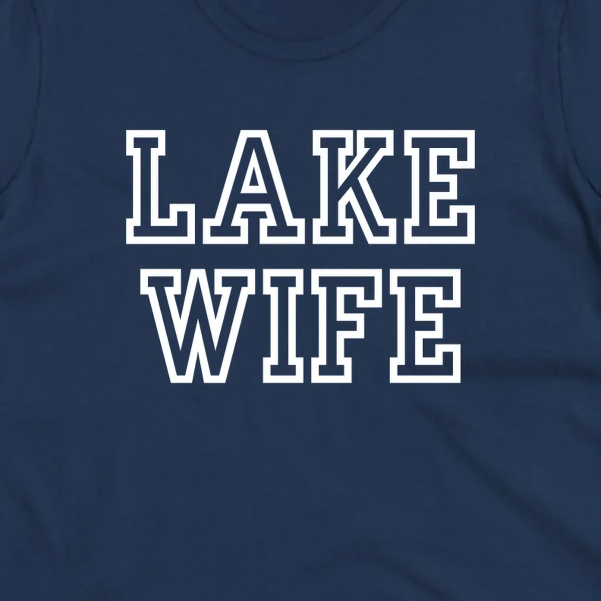 Lake Wife text in collegiate font, navy and white colors, on dark and light backgrounds.