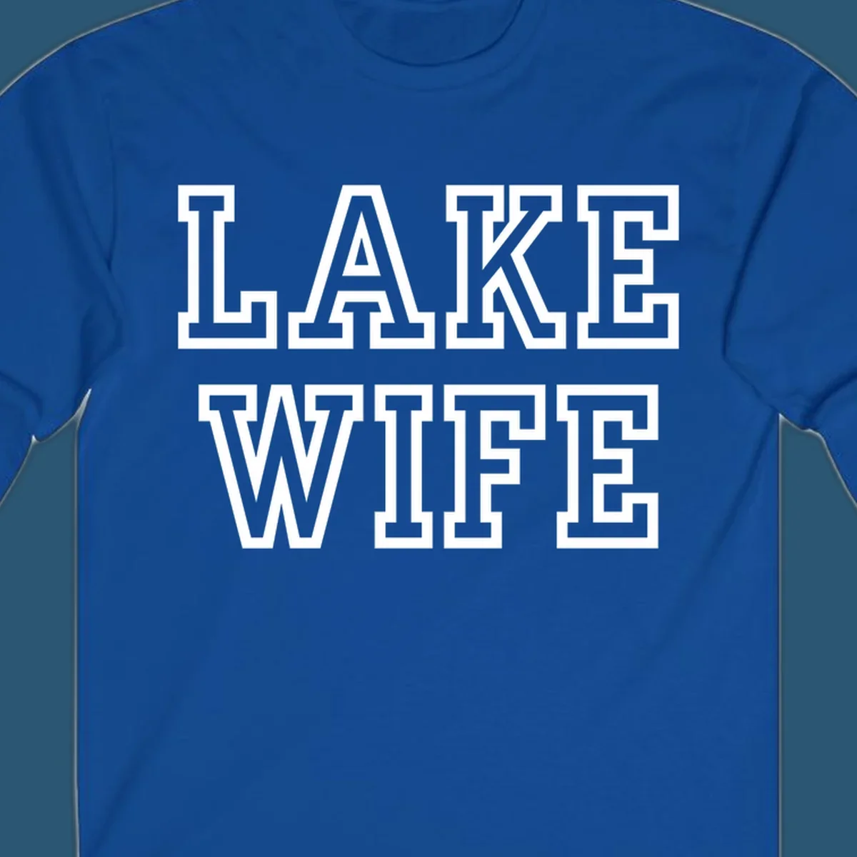 Lake Wife text in collegiate font, navy and white colors, on dark and light backgrounds.