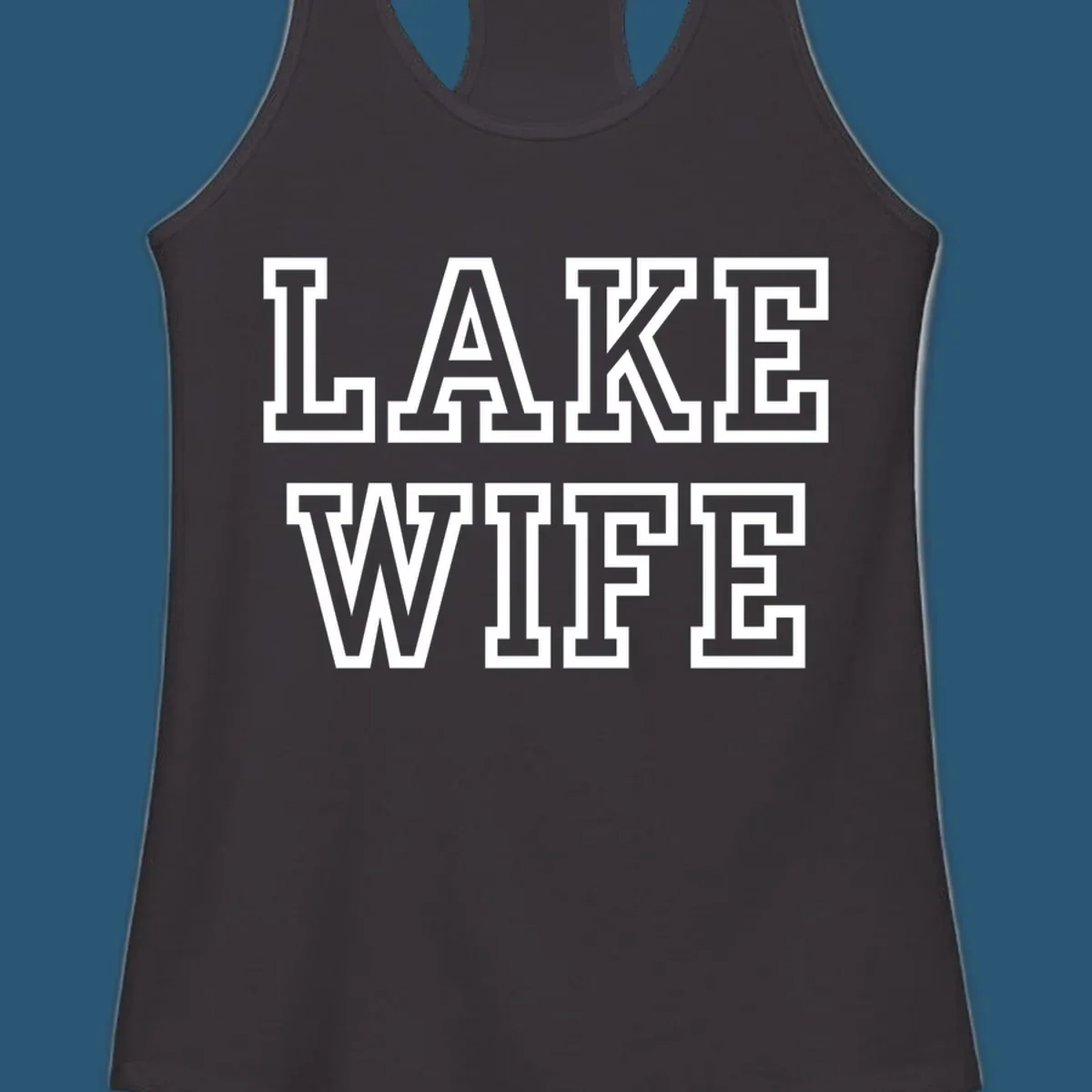 Lake Wife text in collegiate font, navy and white colors, on dark and light backgrounds.