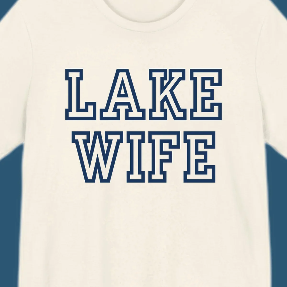 Lake Wife text in collegiate font, navy and white colors, on dark and light backgrounds.