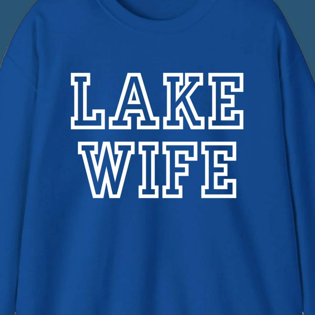 Lake Wife text in collegiate font, navy and white colors, on dark and light backgrounds.