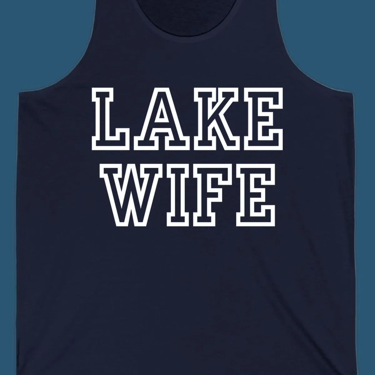 Lake Wife text in collegiate font, navy and white colors, on dark and light backgrounds.