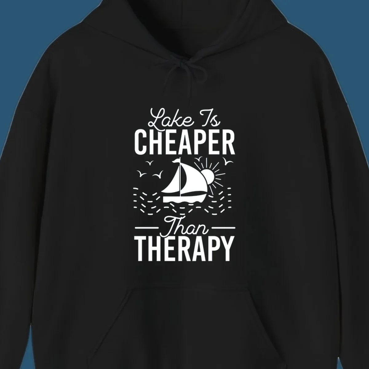 Lake is cheaper than therapy design with sailboat, sun, and birds.