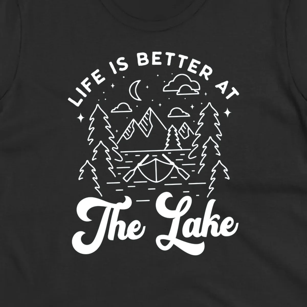 Lake life graphic with mountains, canoe, moon, and text 'Life Is Better At The Lake'.
