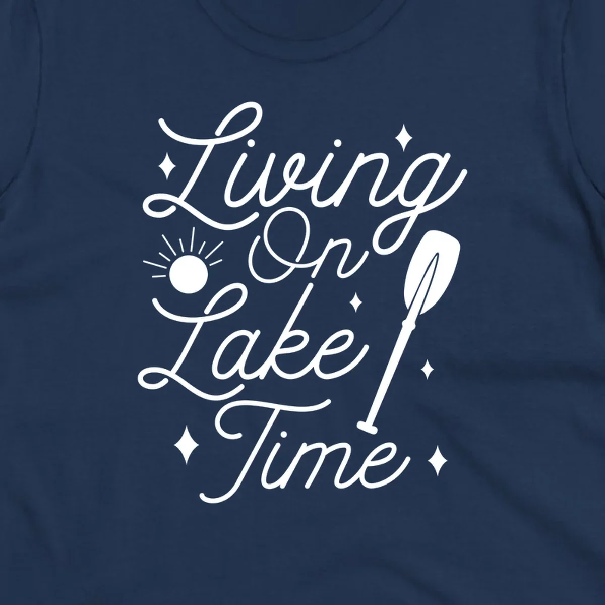 Living on lake time text with sun and paddle illustration.