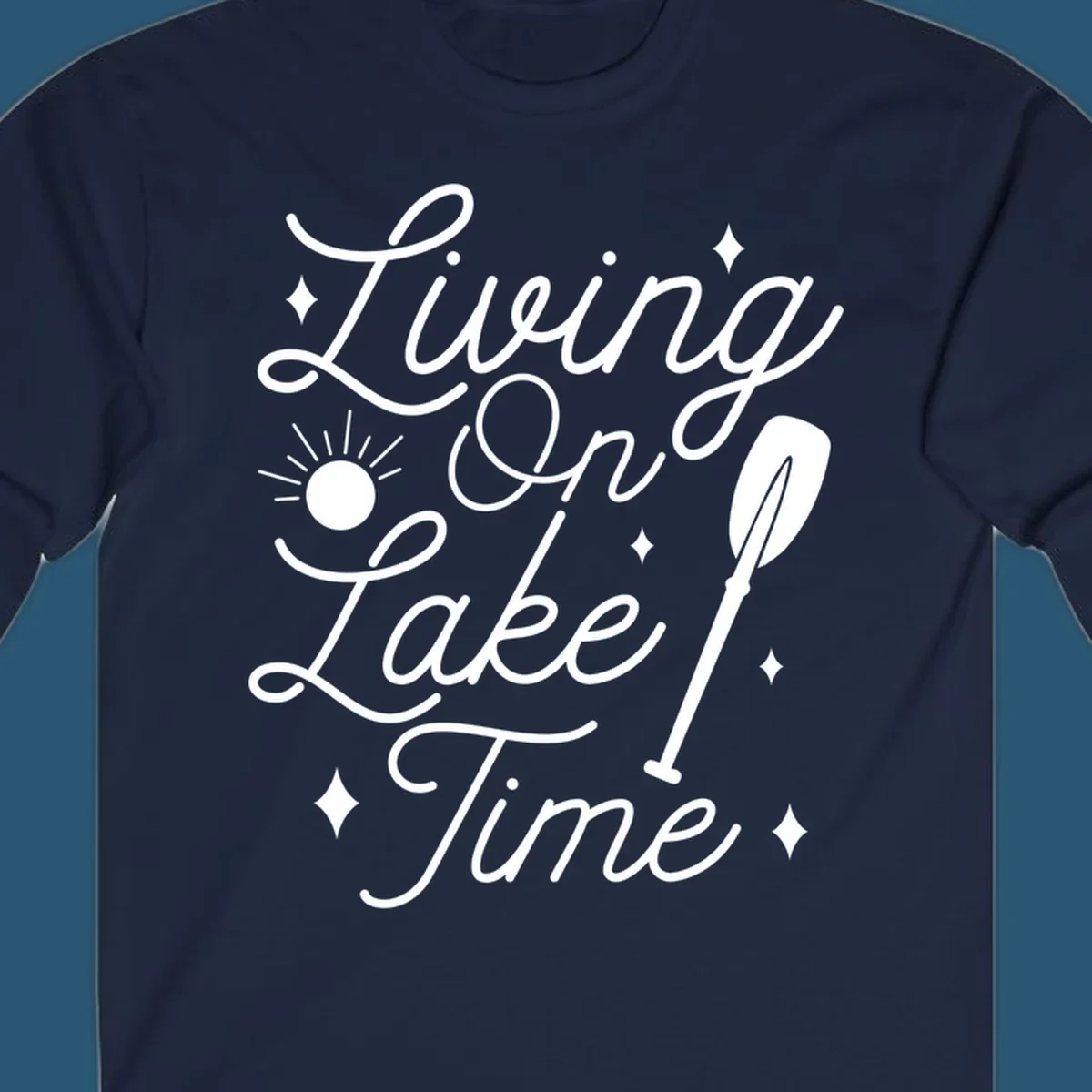 Living on lake time text with sun and paddle illustration.