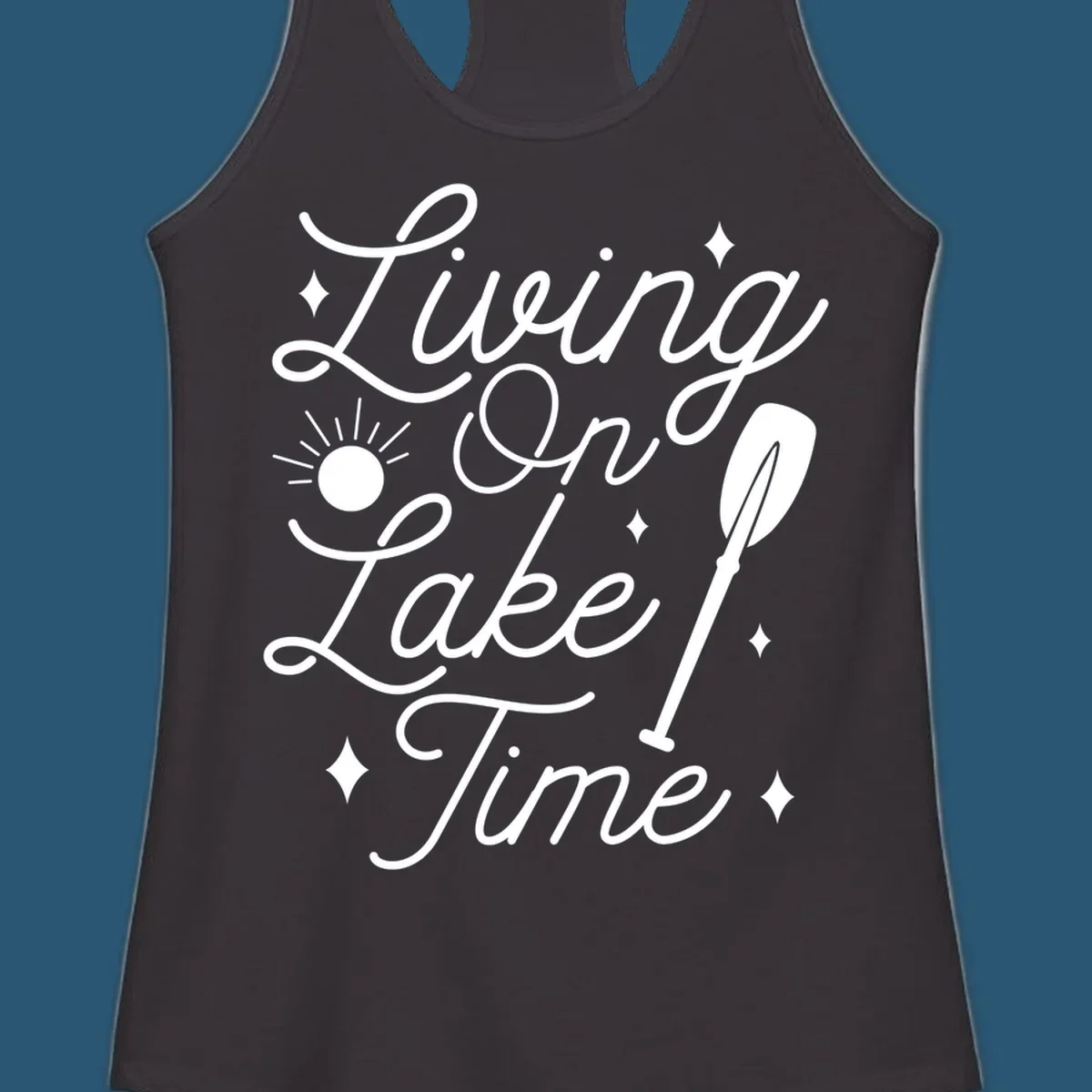 Living on lake time text with sun and paddle illustration.