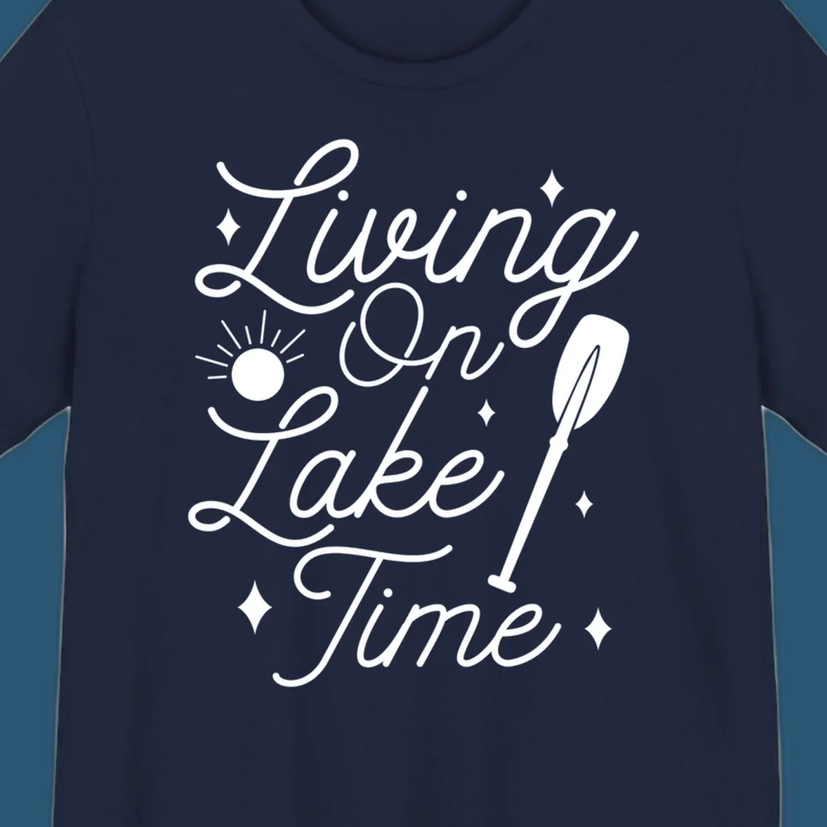 Living on lake time text with sun and paddle illustration.