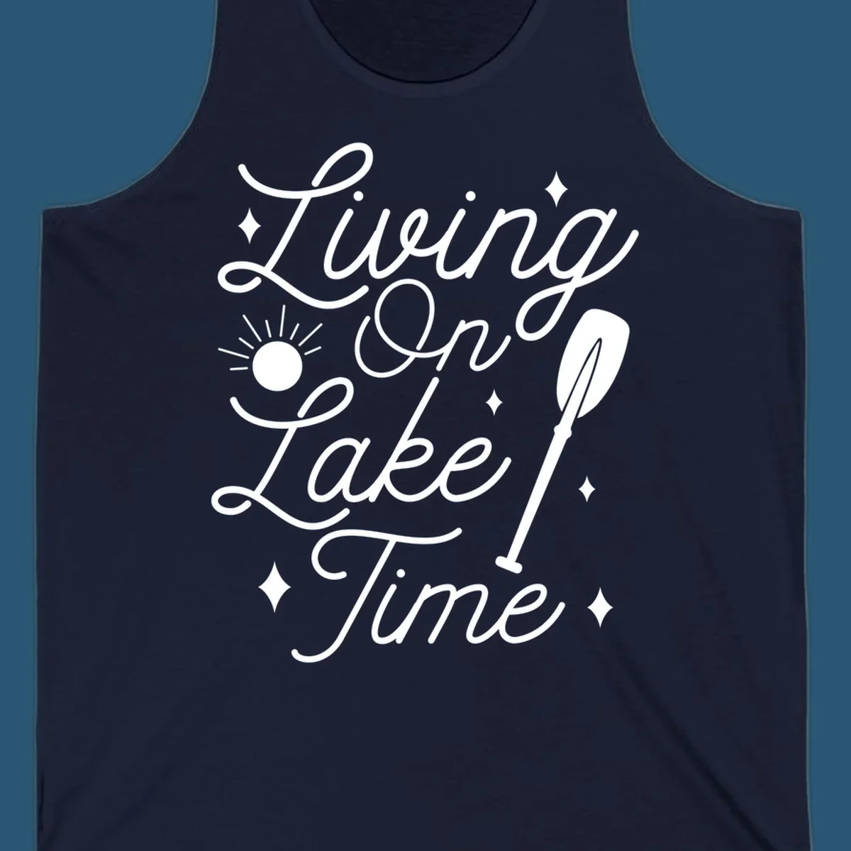 Living on lake time text with sun and paddle illustration.