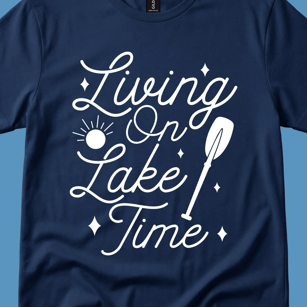 Living on lake time text with sun and paddle illustration.