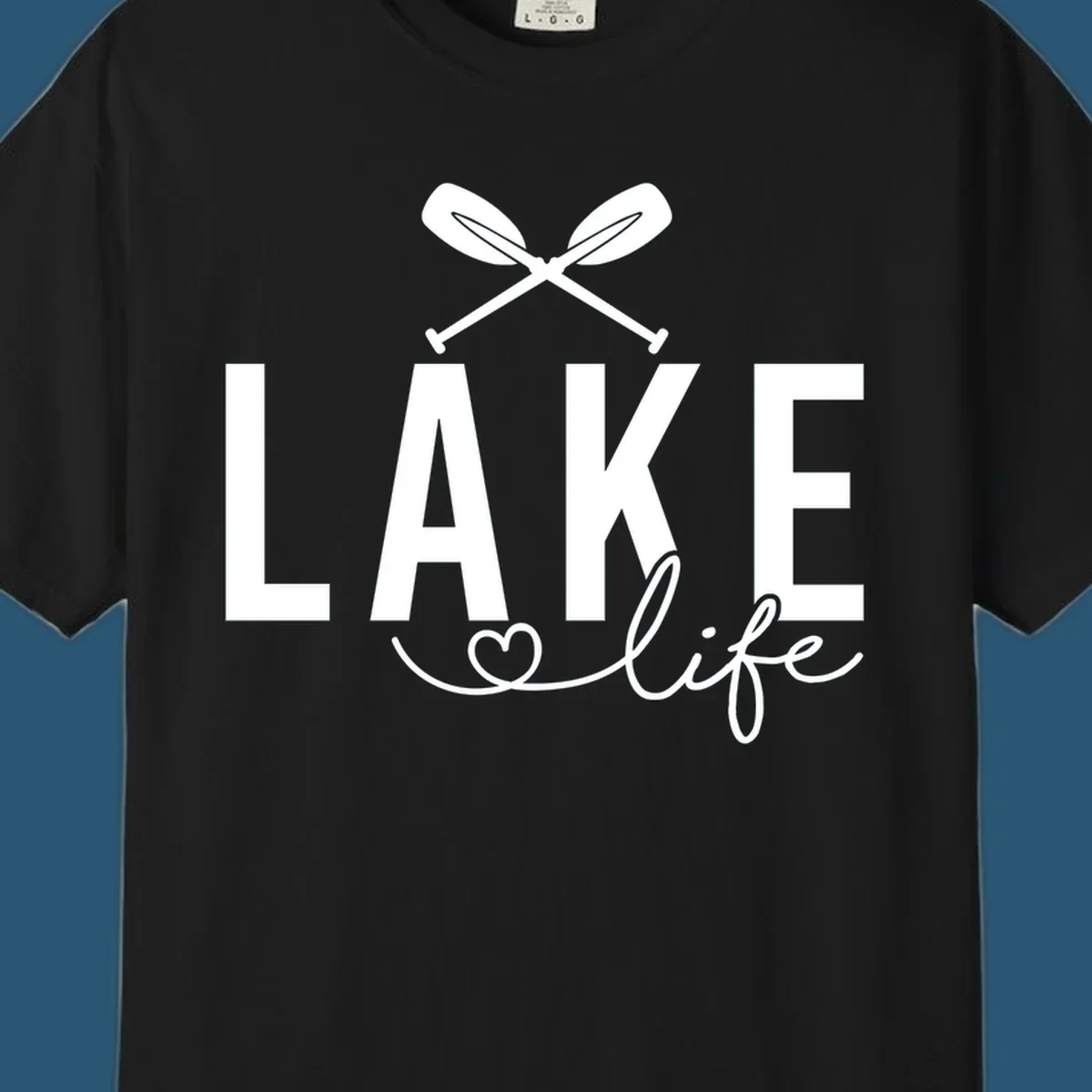 Lake Life design with crossed oars and heart, featuring the words LAKE and life.