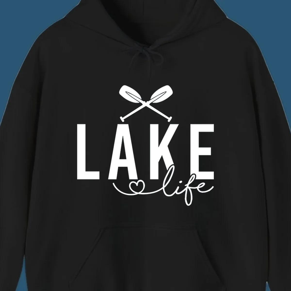 Lake Life design with crossed oars and heart, featuring the words LAKE and life.