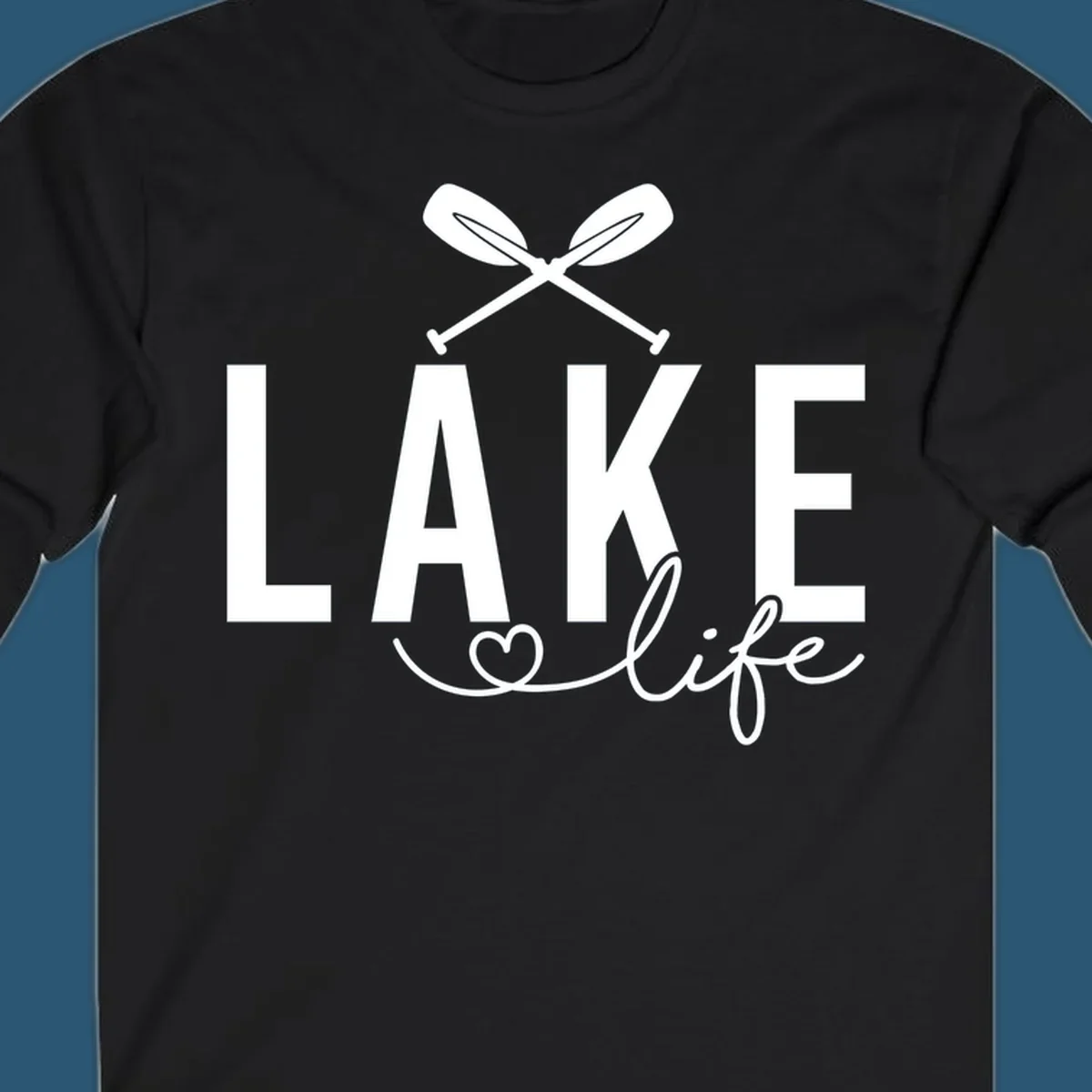Lake Life design with crossed oars and heart, featuring the words LAKE and life.