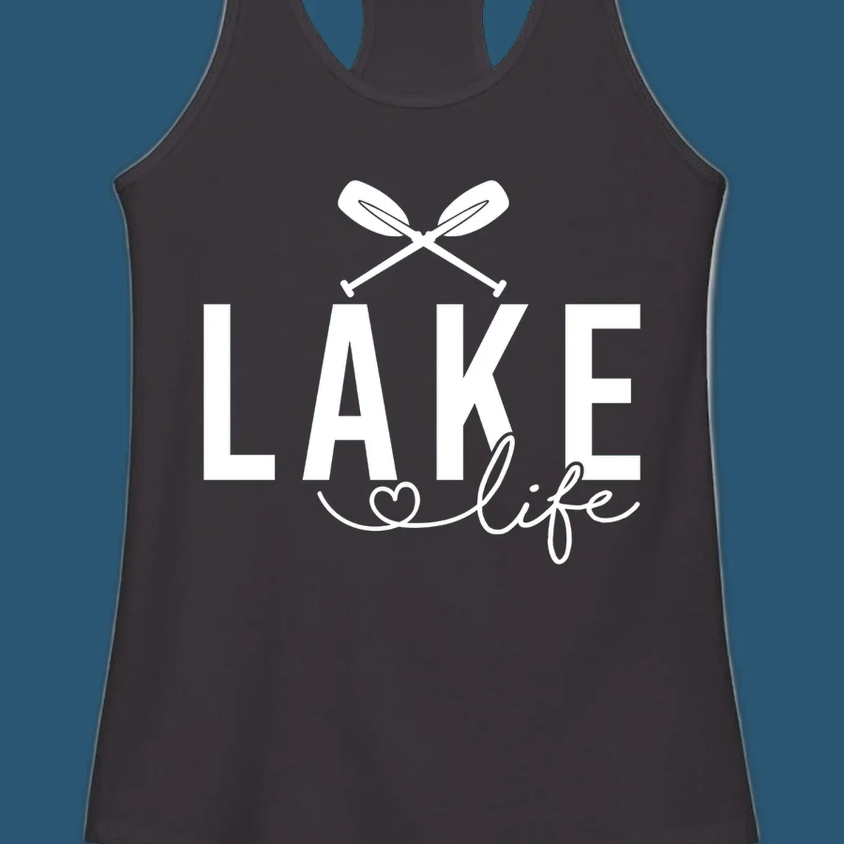 Lake Life design with crossed oars and heart, featuring the words LAKE and life.