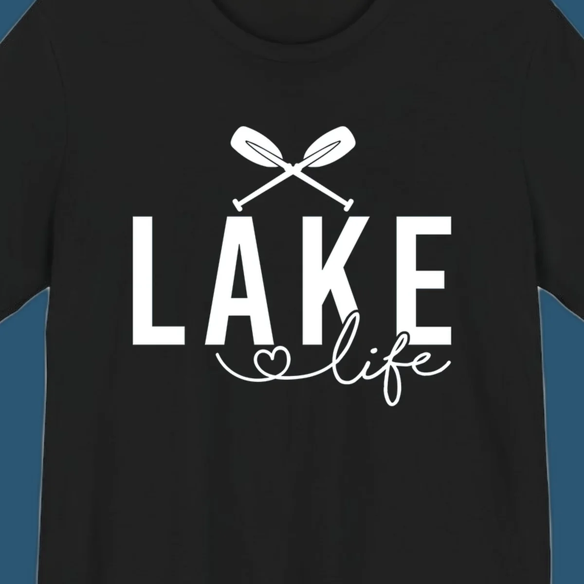 Lake Life design with crossed oars and heart, featuring the words LAKE and life.