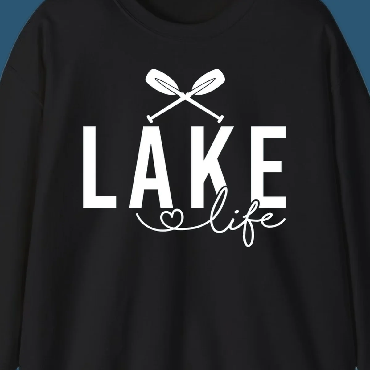 Lake Life design with crossed oars and heart, featuring the words LAKE and life.