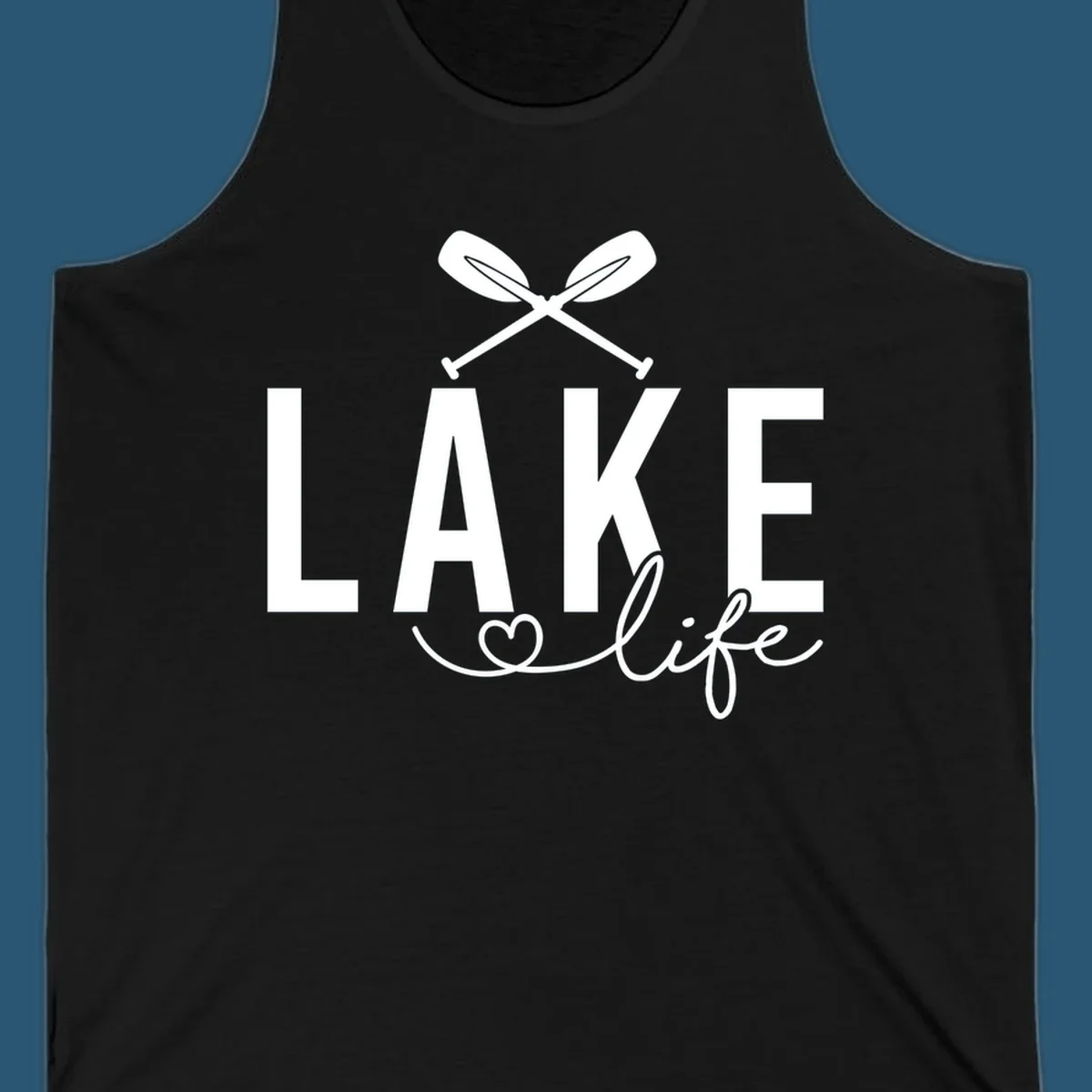 Lake Life design with crossed oars and heart, featuring the words LAKE and life.