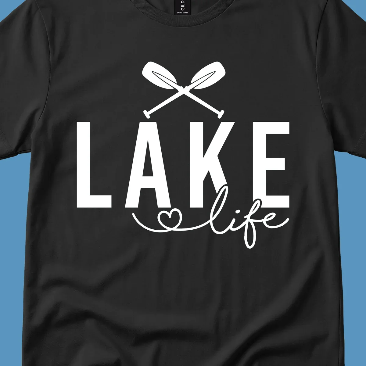 Lake Life design with crossed oars and heart, featuring the words LAKE and life.