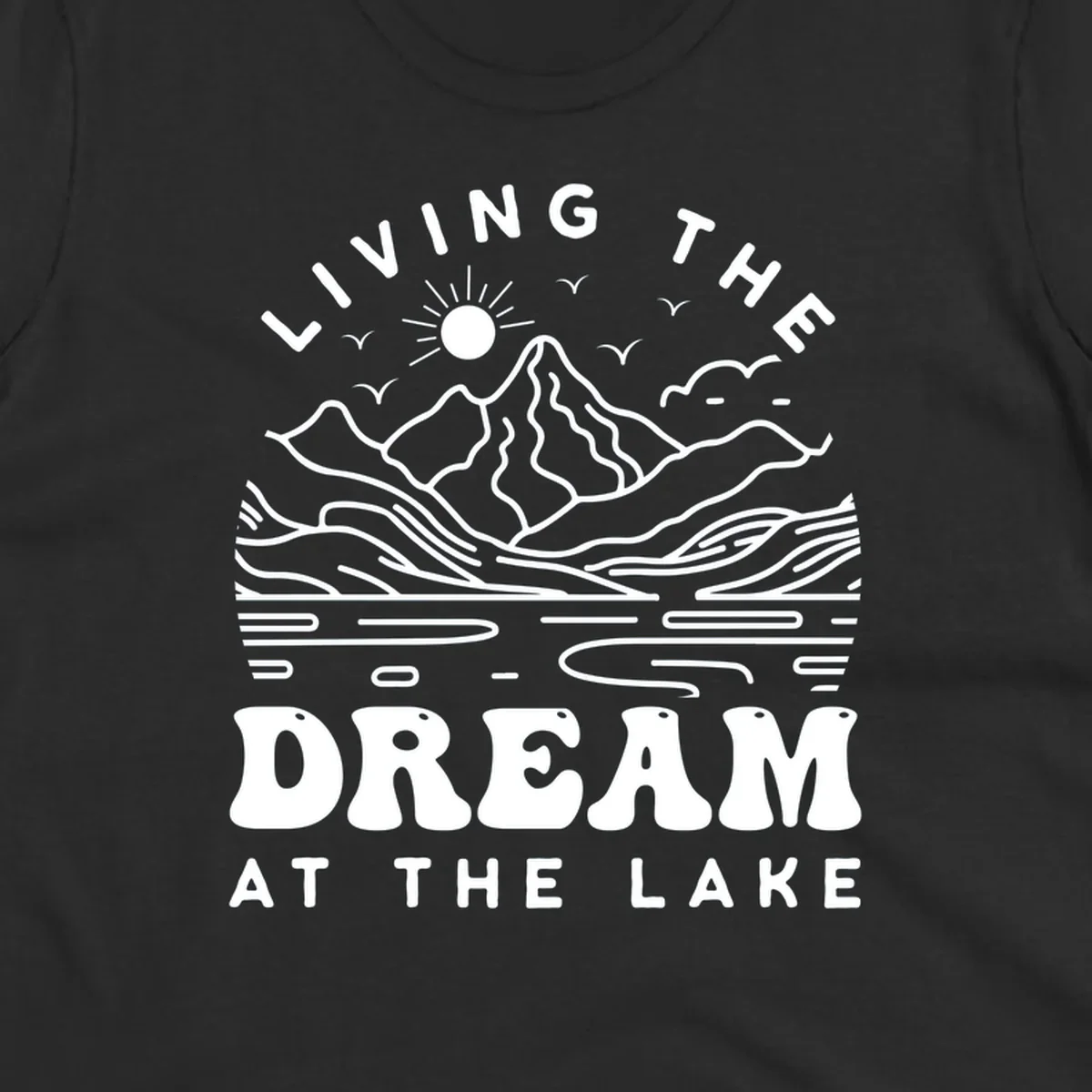 Living the dream at the lake scenic mountain landscape with sun and birds artwork.