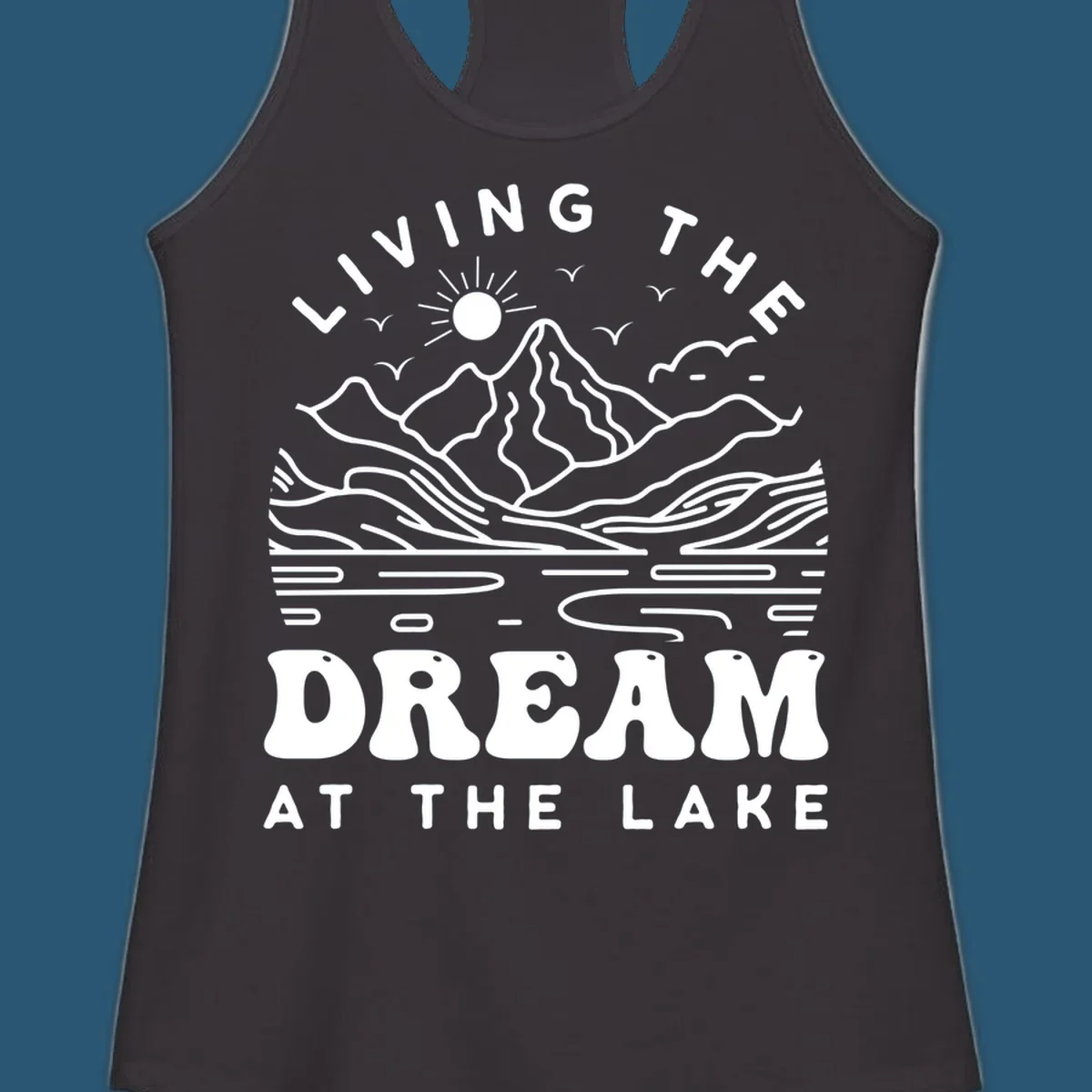 Living the dream at the lake scenic mountain landscape with sun and birds artwork.