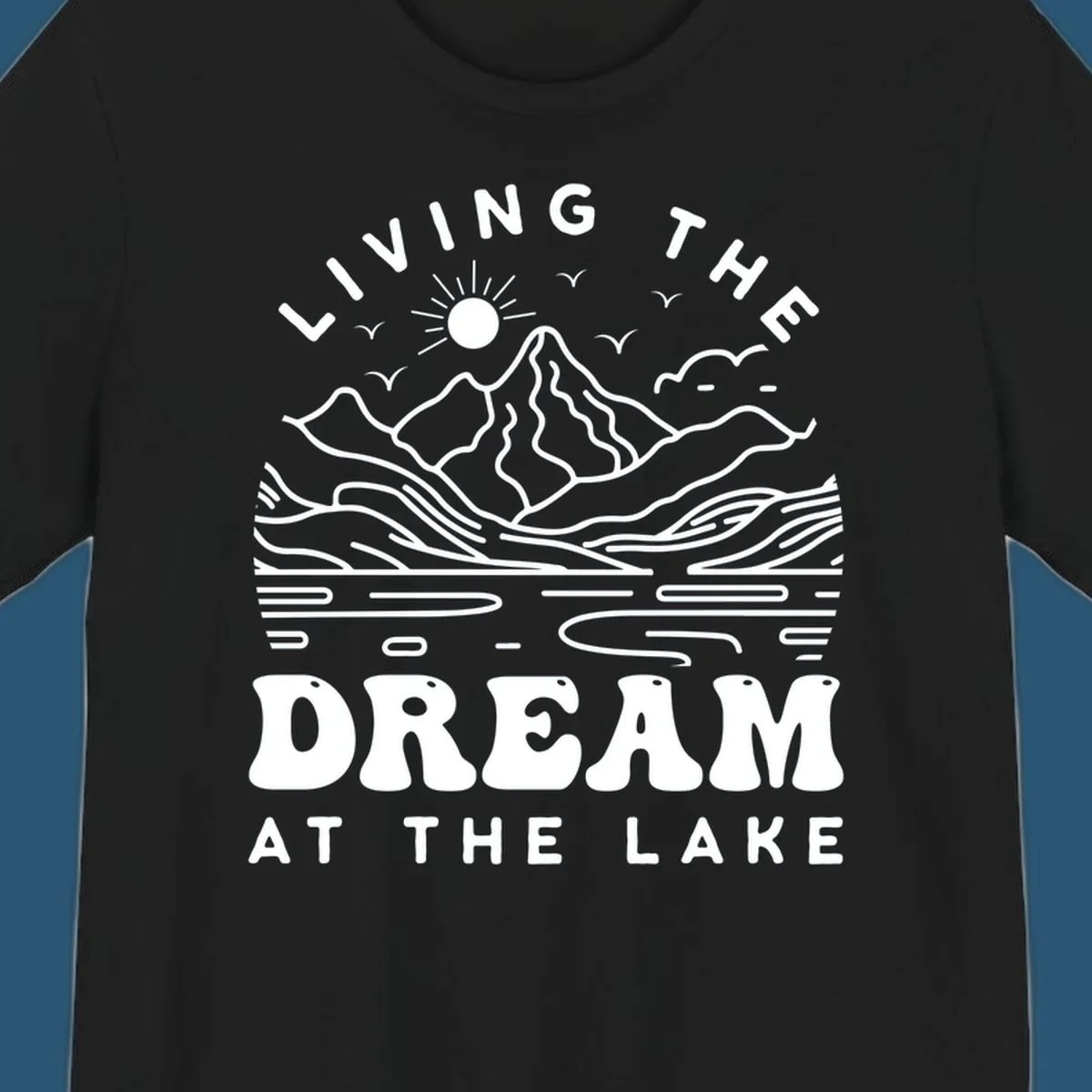 Living the dream at the lake scenic mountain landscape with sun and birds artwork.